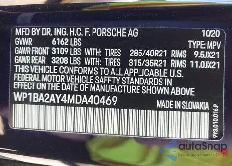 2021 Porsche Cayenne Coupe z USA, uszkodzony, nr VIN WP1BA2AY4MDA40469